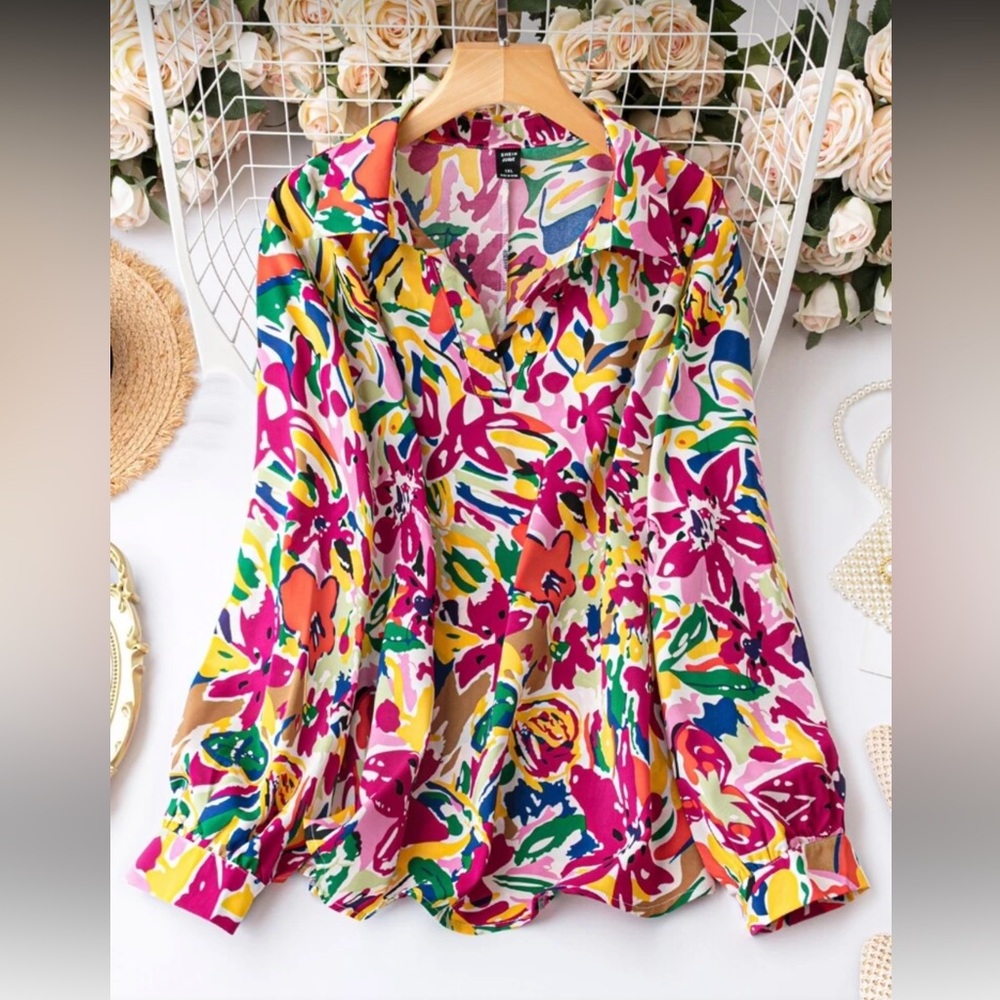Colorful Boho Floral Print Button Front Blouse Multicolor Plus Long Sleeve Top